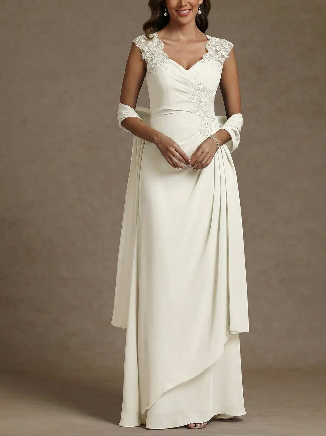 Sheath/Column V-Neck Chiffon Mother of the Bride Dresses with Wrap Floor-Length Lace Ruched Ruffles Sleeveless