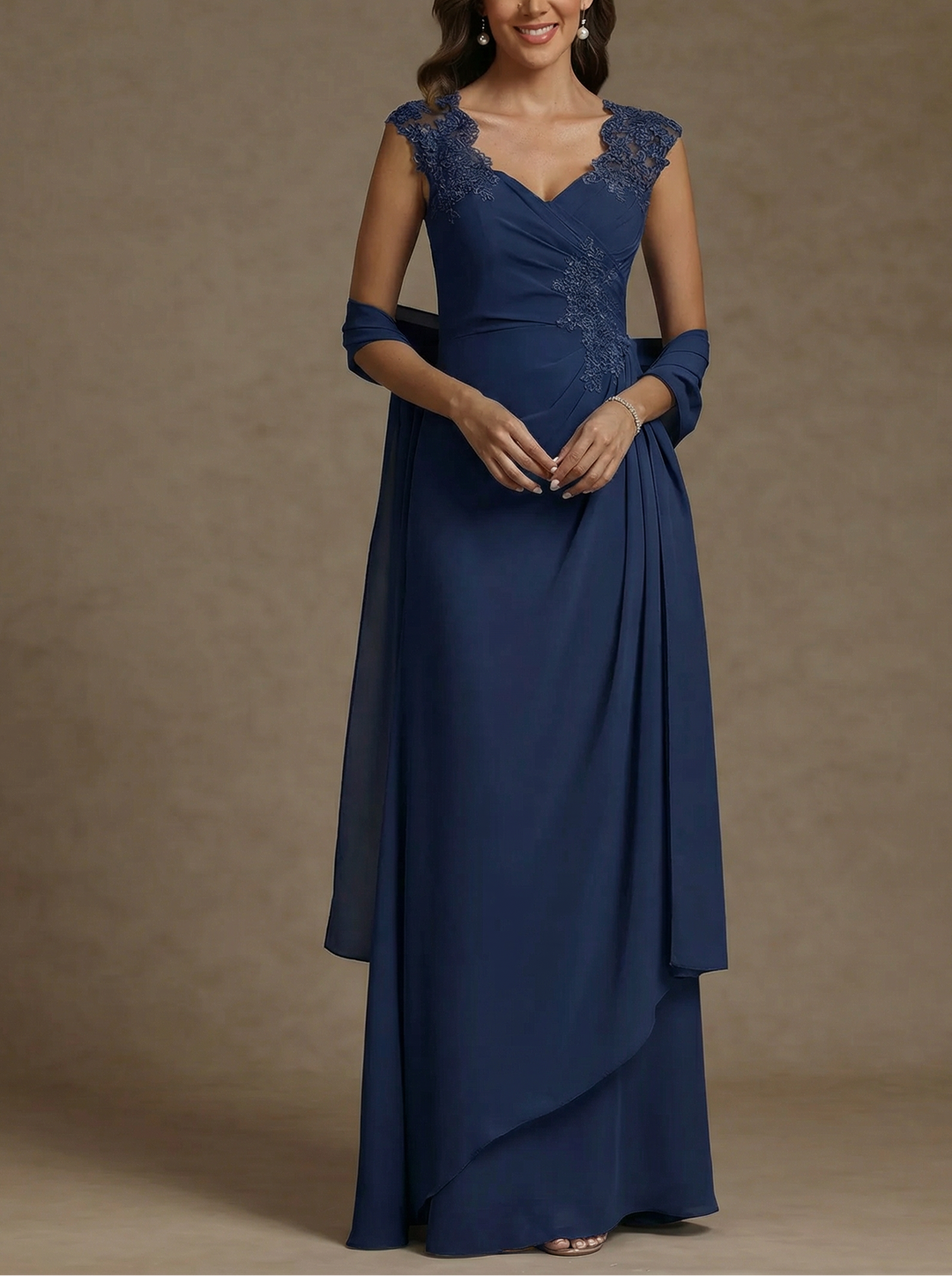 Sheath/Column V-Neck Chiffon Mother of the Bride Dresses with Wrap Floor-Length Lace Ruched Ruffles Sleeveless