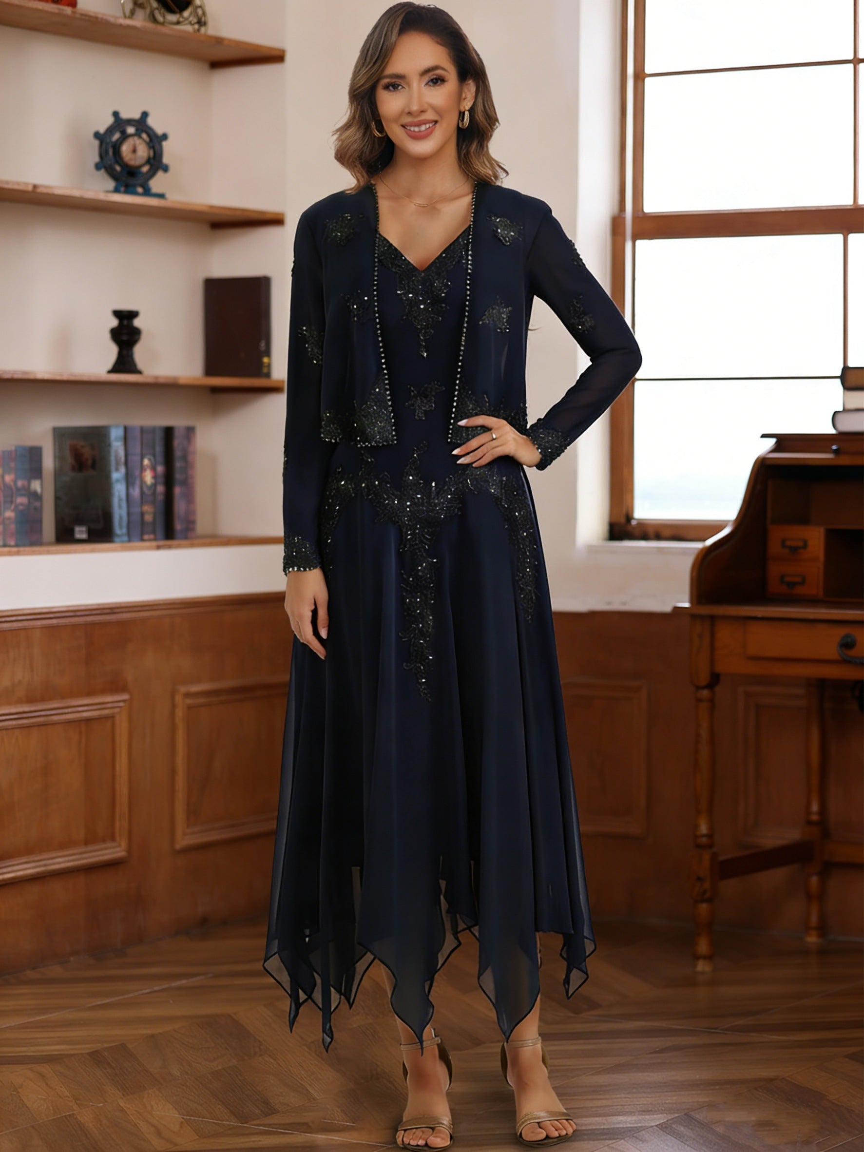 2 Pieces A-Line/Princess V-Neck Chiffon Mother of the Bride Dresses with Jacket Lace Sequins Tea-Length Long Sleeves