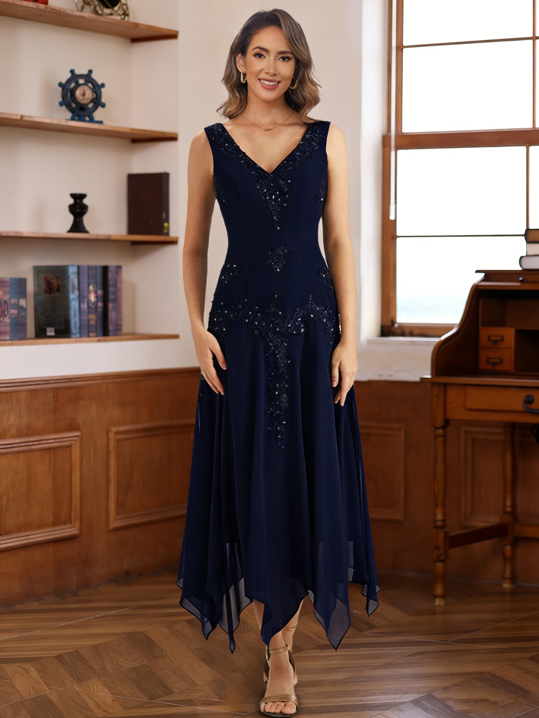 2 Pieces A-Line/Princess V-Neck Chiffon Mother of the Bride Dresses with Jacket Lace Sequins Tea-Length Long Sleeves