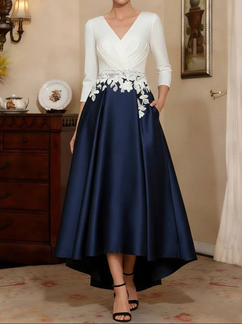 A-Line/Princess V-Neck Satin Mother of the Bride Dresses 3/4 Sleeves Asymmetrical Ankle-Length Lace Ruched