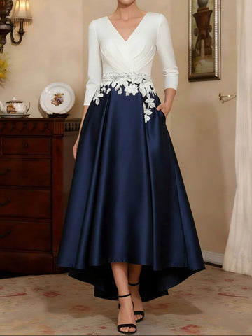 A-Line/Princess V-Neck Satin Mother of the Bride Dresses 3/4 Sleeves Asymmetrical Ankle-Length Lace Ruched