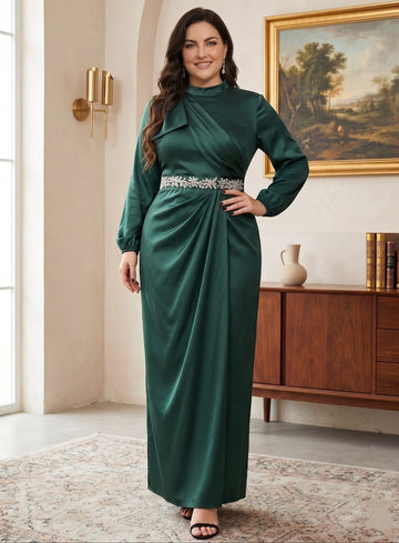 Sheath/Column High Neck Silk Satin Plus Size Mother of the Bride Dresses Ankle-Length Belt Long Sleeves