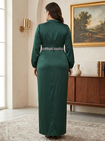 Sheath/Column High Neck Silk Satin Plus Size Mother of the Bride Dresses Ankle-Length Belt Long Sleeves