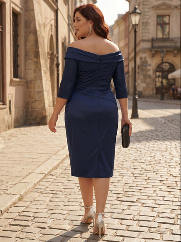 Sheath/Column V-Neck Satin Plus Size Mother of the Bride Dresses 3/4 Sleeves Knee-Length Pleated