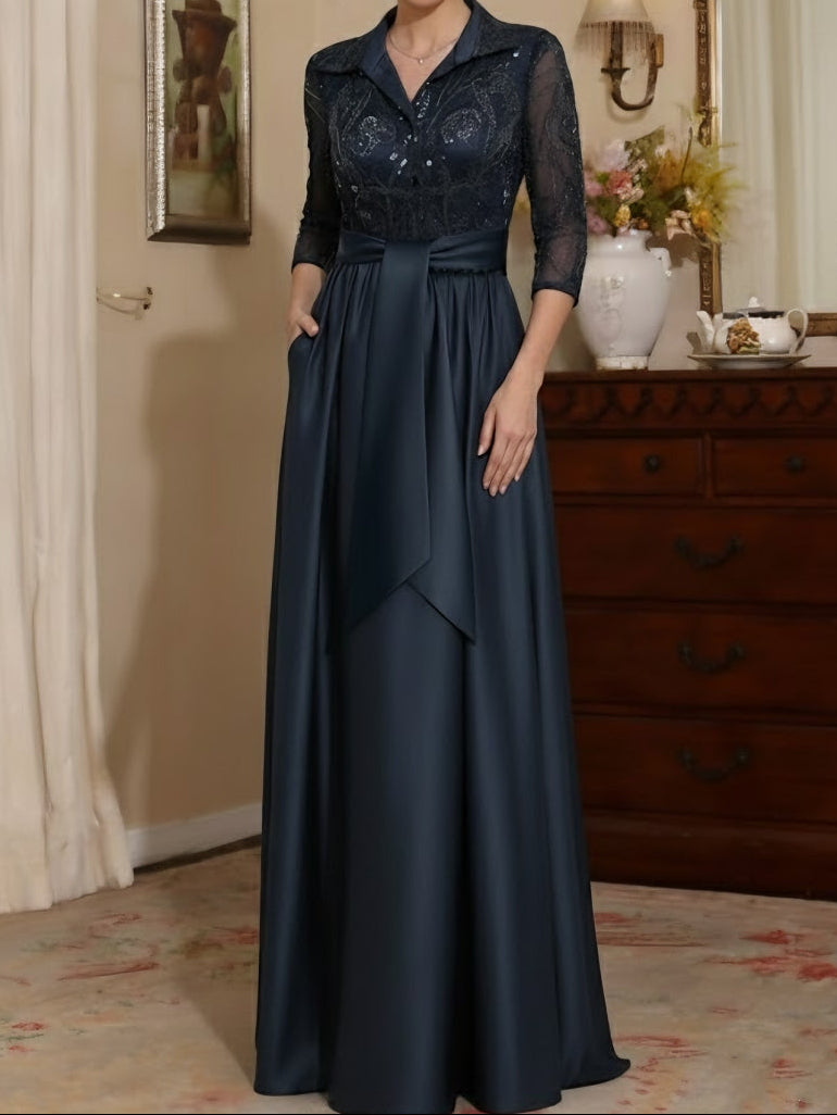 Sheath/Column V-Neck Satin Mother of the Bride Dresses 3/4 Sleeves With Pockets Floor-Length Lace Sequins