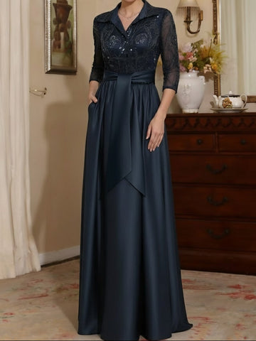 Sheath/Column V-Neck Satin Mother of the Bride Dresses 3/4 Sleeves With Pockets Floor-Length Lace Sequins