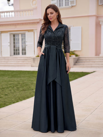 Sheath/Column V-Neck Satin Mother of the Bride Dresses 3/4 Sleeves With Pockets Floor-Length Lace Sequins