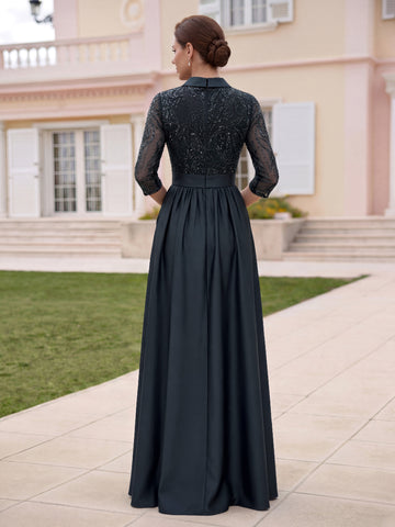 Sheath/Column V-Neck Satin Mother of the Bride Dresses 3/4 Sleeves With Pockets Floor-Length Lace Sequins