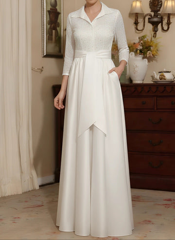 Sheath/Column V-Neck Satin Mother of the Bride Dresses 3/4 Sleeves With Pockets Floor-Length Lace Sequins