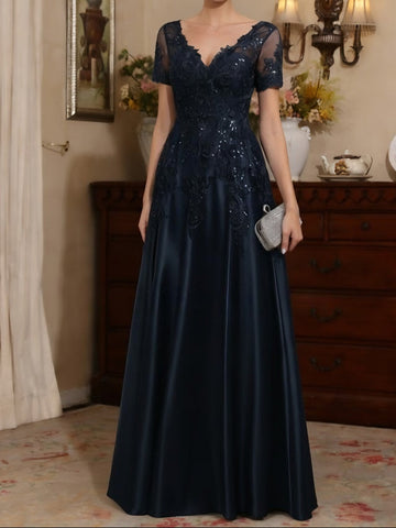 A-Line/Princess V-Neck Satin Mother of the Bride Dresses Short Sleeves Floor-Length Lace Sequins