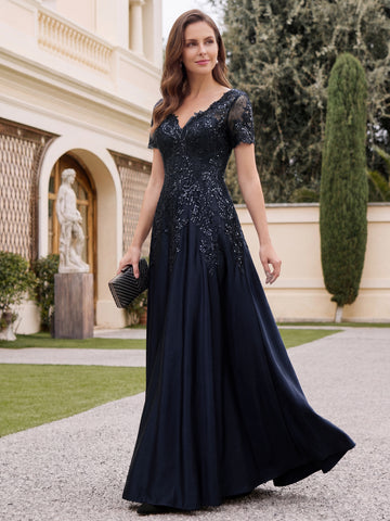 A-Line/Princess V-Neck Satin Mother of the Bride Dresses Short Sleeves Floor-Length Lace Sequins