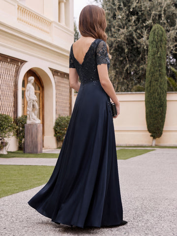 A-Line/Princess V-Neck Satin Mother of the Bride Dresses Short Sleeves Floor-Length Lace Sequins