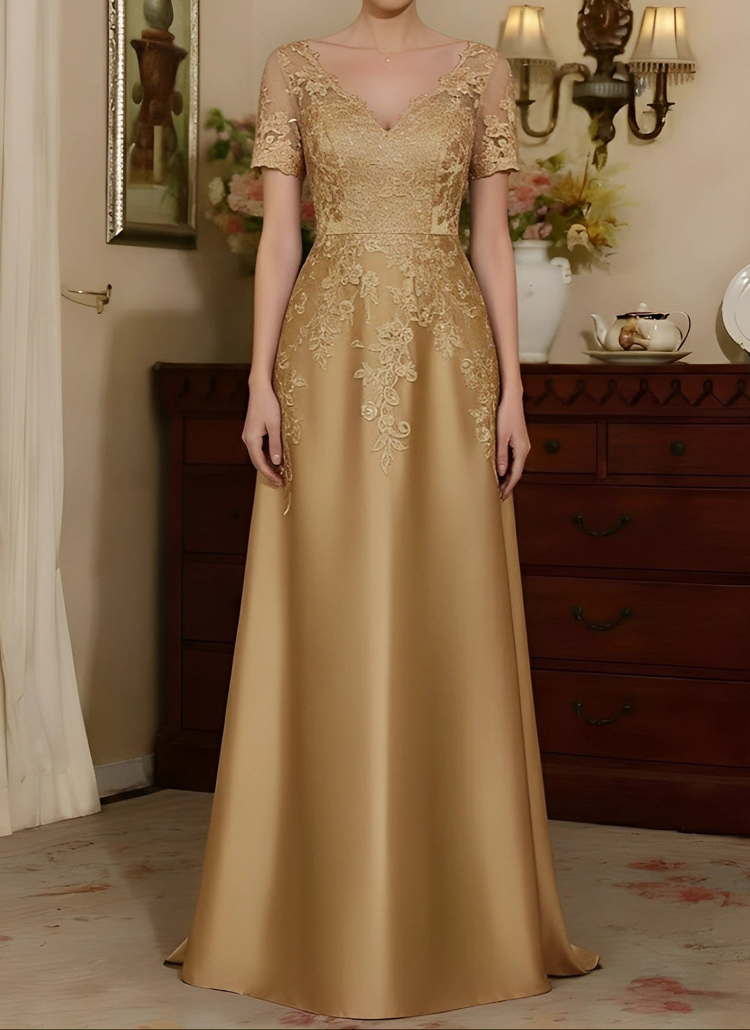 A-Line/Princess V-Neck Satin Mother of the Bride Dresses Short Sleeves Floor-Length Lace Sequins