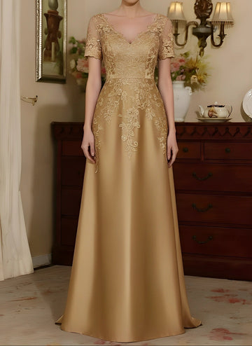 A-Line/Princess V-Neck Satin Mother of the Bride Dresses Short Sleeves Floor-Length Lace Sequins