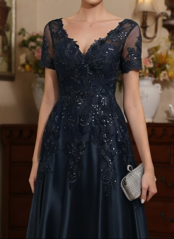 A-Line/Princess V-Neck Satin Mother of the Bride Dresses Short Sleeves Floor-Length Lace Sequins