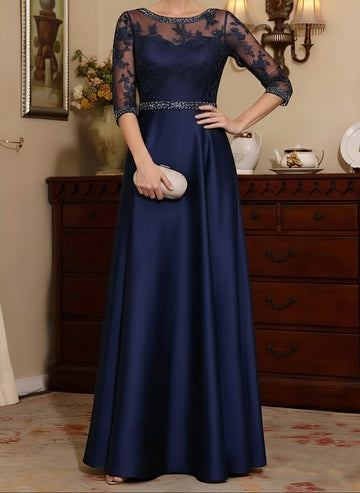 A-Line/Princess Scoop Satin Mother of the Bride Dresses 3/4 Sleeves Floor-Length Lace Beading Belt