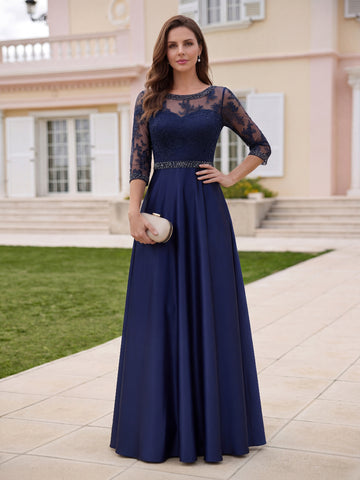 A-Line/Princess Scoop Satin Mother of the Bride Dresses 3/4 Sleeves Floor-Length Lace Beading Belt