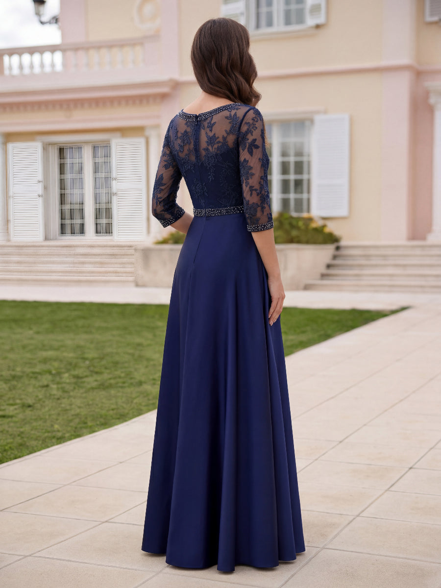 A-Line/Princess Scoop Satin Mother of the Bride Dresses 3/4 Sleeves Floor-Length Lace Beading Belt