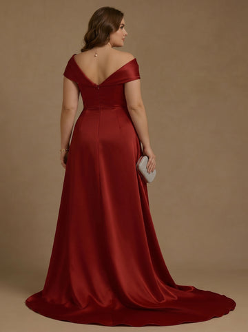 Sheath/Column Off-the-Shoulder Satin Plus Size Mother of the Bride Dresses with Split Side Sequins Sleeveless Floor-Length Ruched
