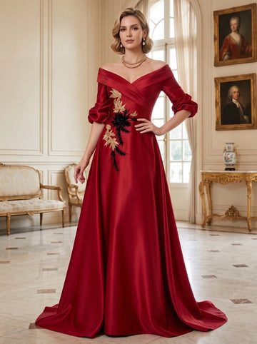 A-Line/Princess Off-the-Shoulder Satin Mother of the Bride Dresses Half Sleeves Floor-Length Appliques