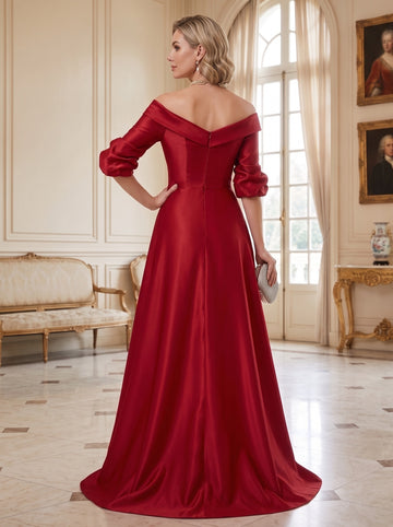 A-Line/Princess Off-the-Shoulder Satin Mother of the Bride Dresses Half Sleeves Floor-Length Appliques