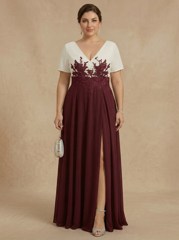 A-Line/Princess V-Neck Stretch Satin Plus Size Mother of the Bride Dresses with Split Side Lace Floor-Length Short Sleeves