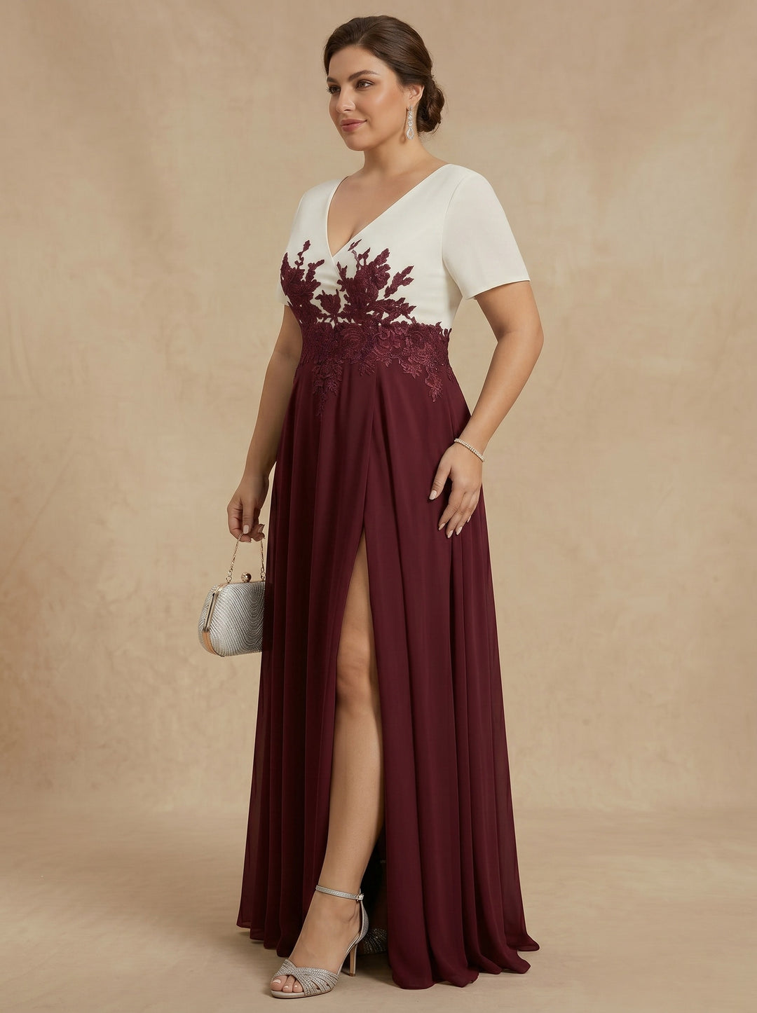 A-Line/Princess V-Neck Stretch Satin Plus Size Mother of the Bride Dresses with Split Side Lace Floor-Length Short Sleeves