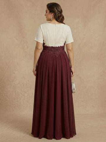 A-Line/Princess V-Neck Stretch Satin Plus Size Mother of the Bride Dresses with Split Side Lace Floor-Length Short Sleeves