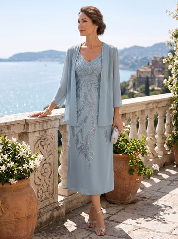 2 Pieces Sheath/Column V-Neck Chiffon Mother of the Bride Dresses with Jacket Sequins Tea-Length Long Sleeves