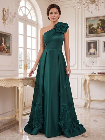 Sheath/Column One-Shoulder Satin Mother of the Bride Dresses with Overskirt Sleeveless Floral Floor-Length 3D Flower
