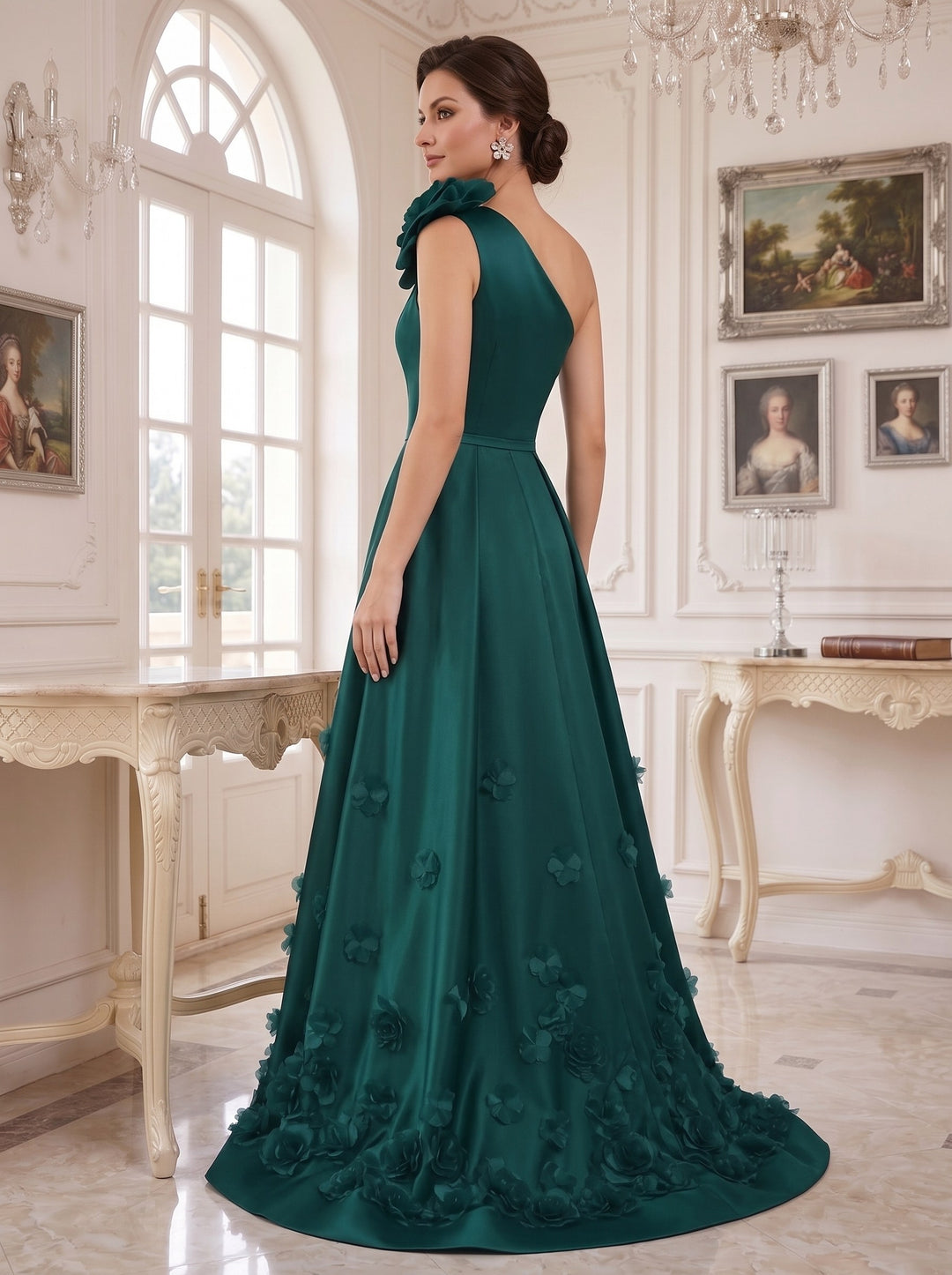 Sheath/Column One-Shoulder Satin Mother of the Bride Dresses with Overskirt Sleeveless Floral Floor-Length 3D Flower