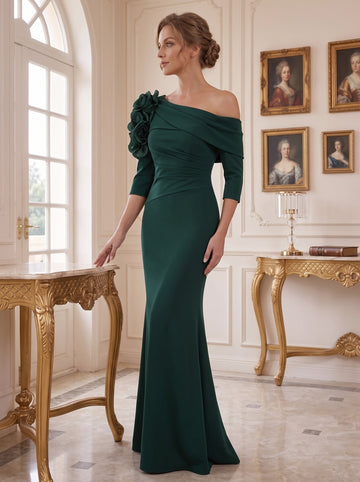 Trumpet/Mermaid Asymmetrical Neck Stretch Satin Mother of the Bride Dresses Floor-Length Floral Half Sleeves 3D Flower