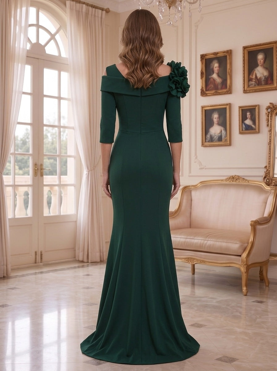 Trumpet/Mermaid Asymmetrical Neck Stretch Satin Mother of the Bride Dresses Floor-Length Floral Half Sleeves 3D Flower