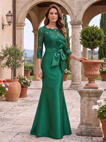 Trumpet/Mermaid Scoop Satin Mother of the Bride Dresses With Bow Lace 3/4 Sleeves Floor-Length