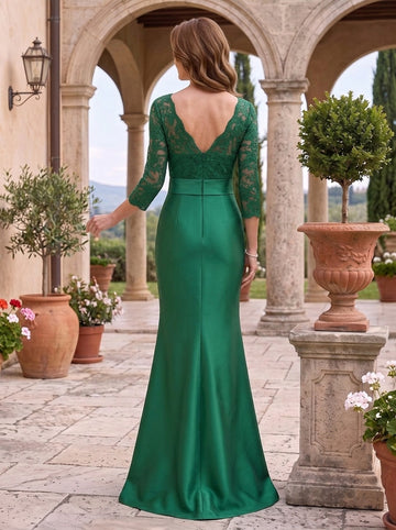 Trumpet/Mermaid Scoop Satin Mother of the Bride Dresses With Bow Lace 3/4 Sleeves Floor-Length