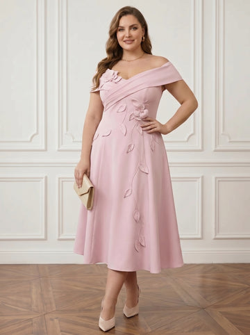 A-Line/Princess Off-the-shoulder Stretch Satin Plus Size Mother of the Bride Dresses with 3D Flower Tea-Length Floral Sleeveless
