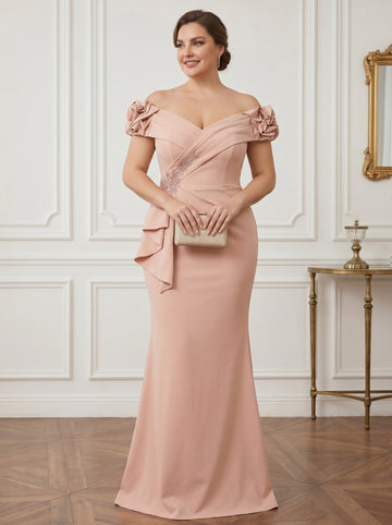 Trumpet/Mermaid Off-the-Shoulder Stretch Satin Plus Size Mother of the Bride Dresses Sleeveless Floor-Length Ruffles