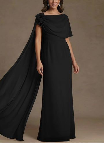 Sheath/Column Cowl Neck Chiffon Mother of the Bride Dresses with Watteau Train Floral Floor-Length Flower Sleeveless