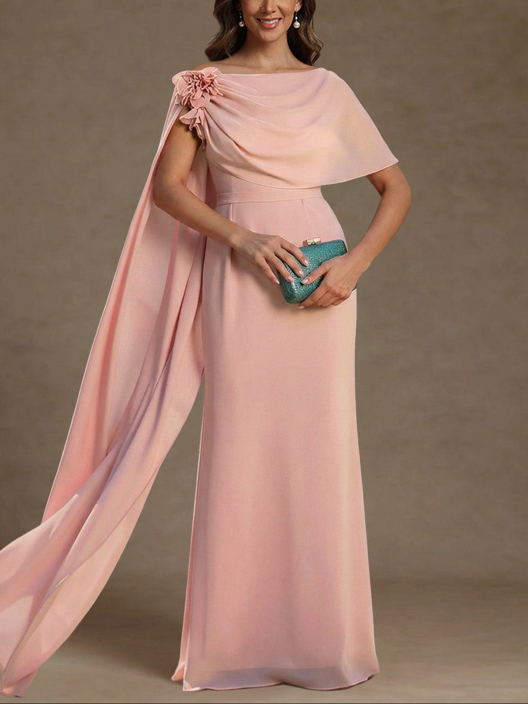 Sheath/Column Cowl Neck Chiffon Mother of the Bride Dresses with Watteau Train Floral Floor-Length Flower Sleeveless