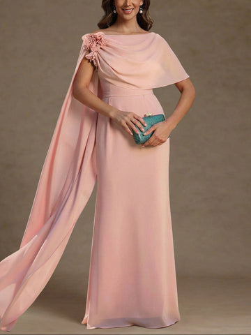 Sheath/Column Cowl Neck Chiffon Mother of the Bride Dresses with Watteau Train Floral Floor-Length Flower Sleeveless