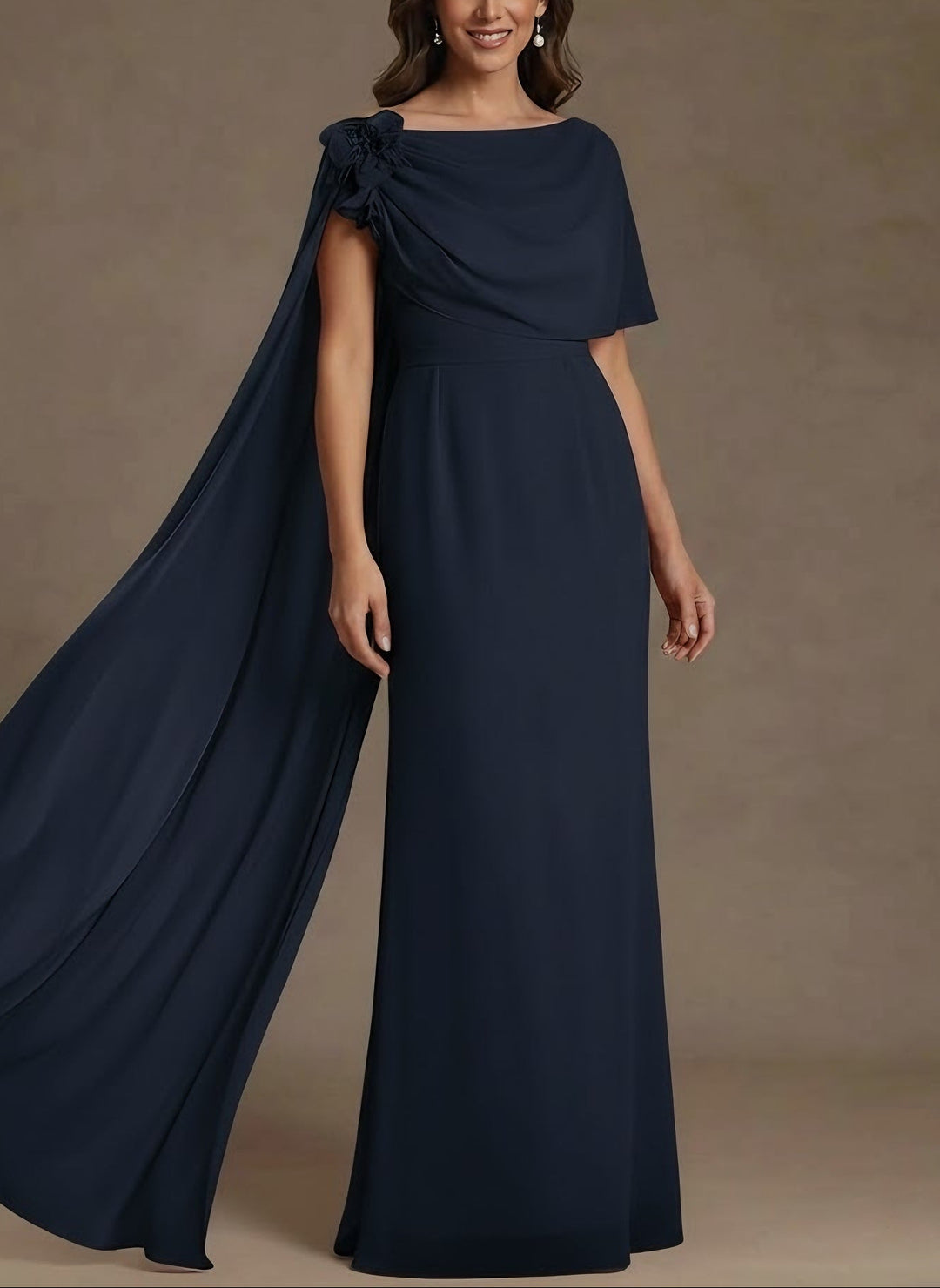 Sheath/Column Cowl Neck Chiffon Mother of the Bride Dresses with Watteau Train Floral Floor-Length Flower Sleeveless