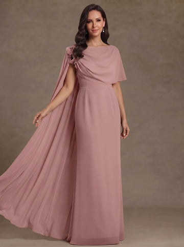 Sheath/Column Cowl Neck Chiffon Mother of the Bride Dresses with Watteau Train Floral Floor-Length Flower Sleeveless