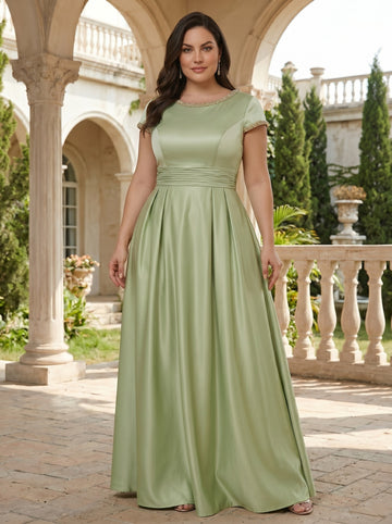 A-Line/Princess Silk Satin Jewel Neck Plus Size Mother ofthe Bride Dresses Floor Length Short Sleeves Rhinestone