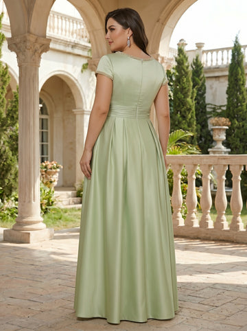 A-Line/Princess Silk Satin Jewel Neck Plus Size Mother ofthe Bride Dresses Floor Length Short Sleeves Rhinestone