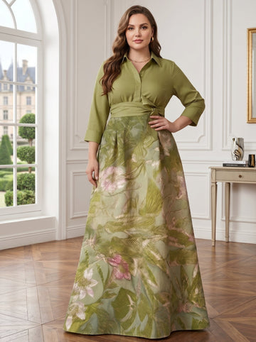 A-Line/Princess Shirt Collar Satin Plus Size Mother of the Bride Dresses 3/4 Sleeves Floor-Length Floral Bowknot