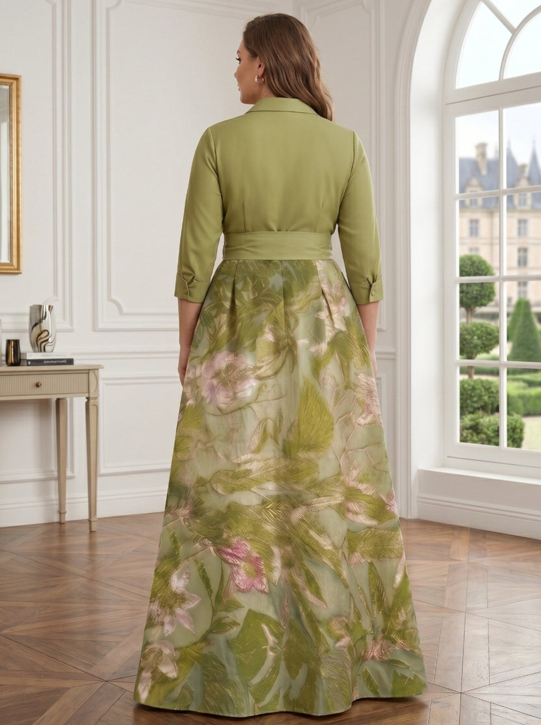 A-Line/Princess Shirt Collar Satin Plus Size Mother of the Bride Dresses 3/4 Sleeves Floor-Length Floral Bowknot