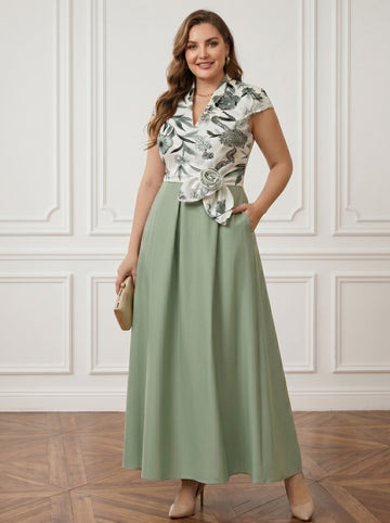 A-Line/Princess V-Neck Satin Plus Size Mother of the Bride Dresses with Sash Short Sleeves Ankle-Length Floral