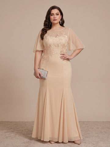 Trumpet/Mermaid Scoop Chiffon Plus Size Mother of the Bride Dresses Lace Floor-Length Short Sleeves