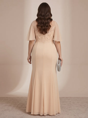 Trumpet/Mermaid Scoop Chiffon Plus Size Mother of the Bride Dresses Lace Floor-Length Short Sleeves